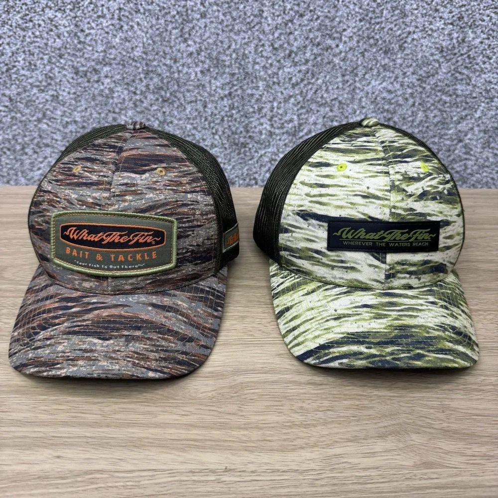 What The Fin Hats Lot Of 2 Snap Back Cap Camo Pattern Mesh Back Fishing Outdoors